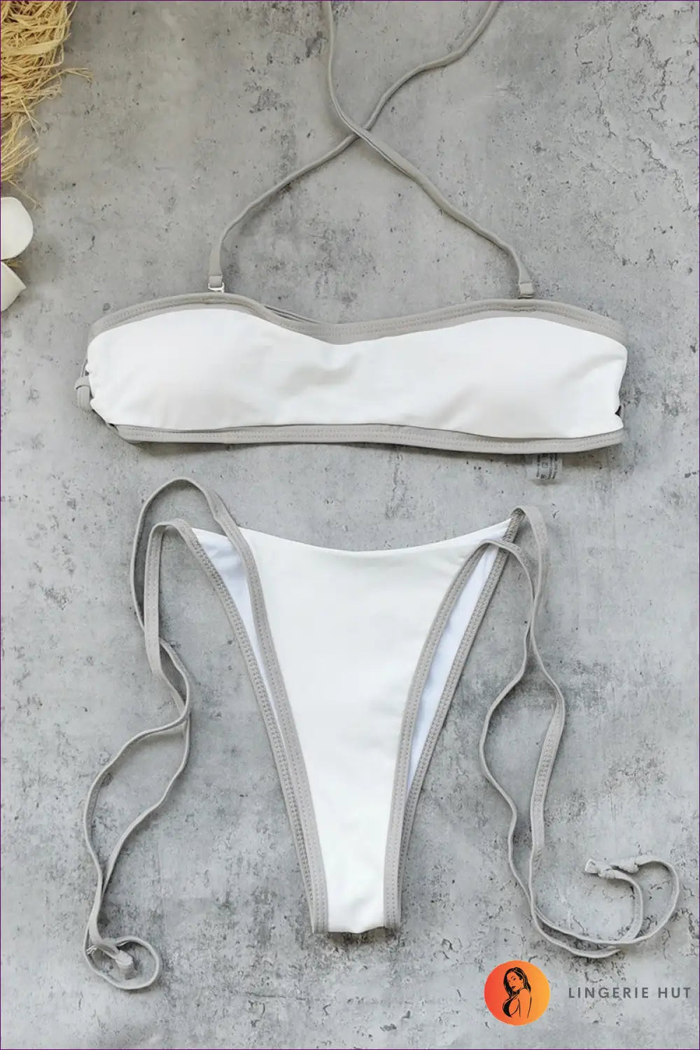 Contrast-piped Bandeau Bikini with Tie Side - Sandbar Line - s / Multi2 - Swimwear - Beachwear • Casual • High Leg