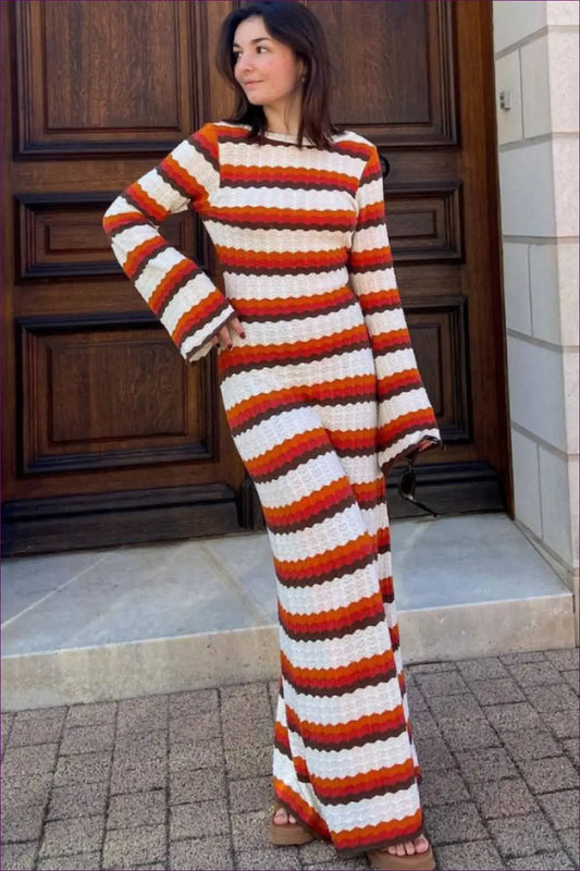 Elevate Your Transitional Wardrobe With Lingerie Hut’s Contrast Stripe Knitted Maxi Dress. Featuring