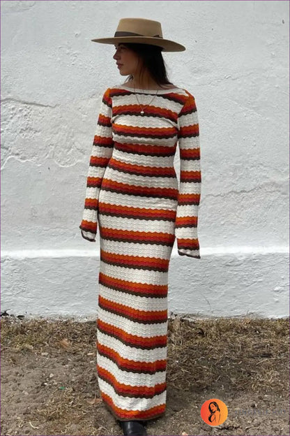 Elevate Your Transitional Wardrobe With Lingerie Hut’s Contrast Stripe Knitted Maxi Dress. Featuring