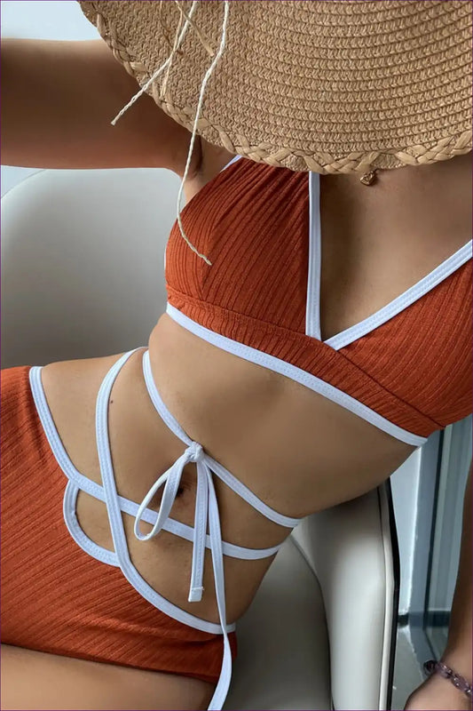 Contrast Trim Bikini Set with High Waist and Wrap Straps for Beachwear, Bikini, Boho, Cutout, Halter