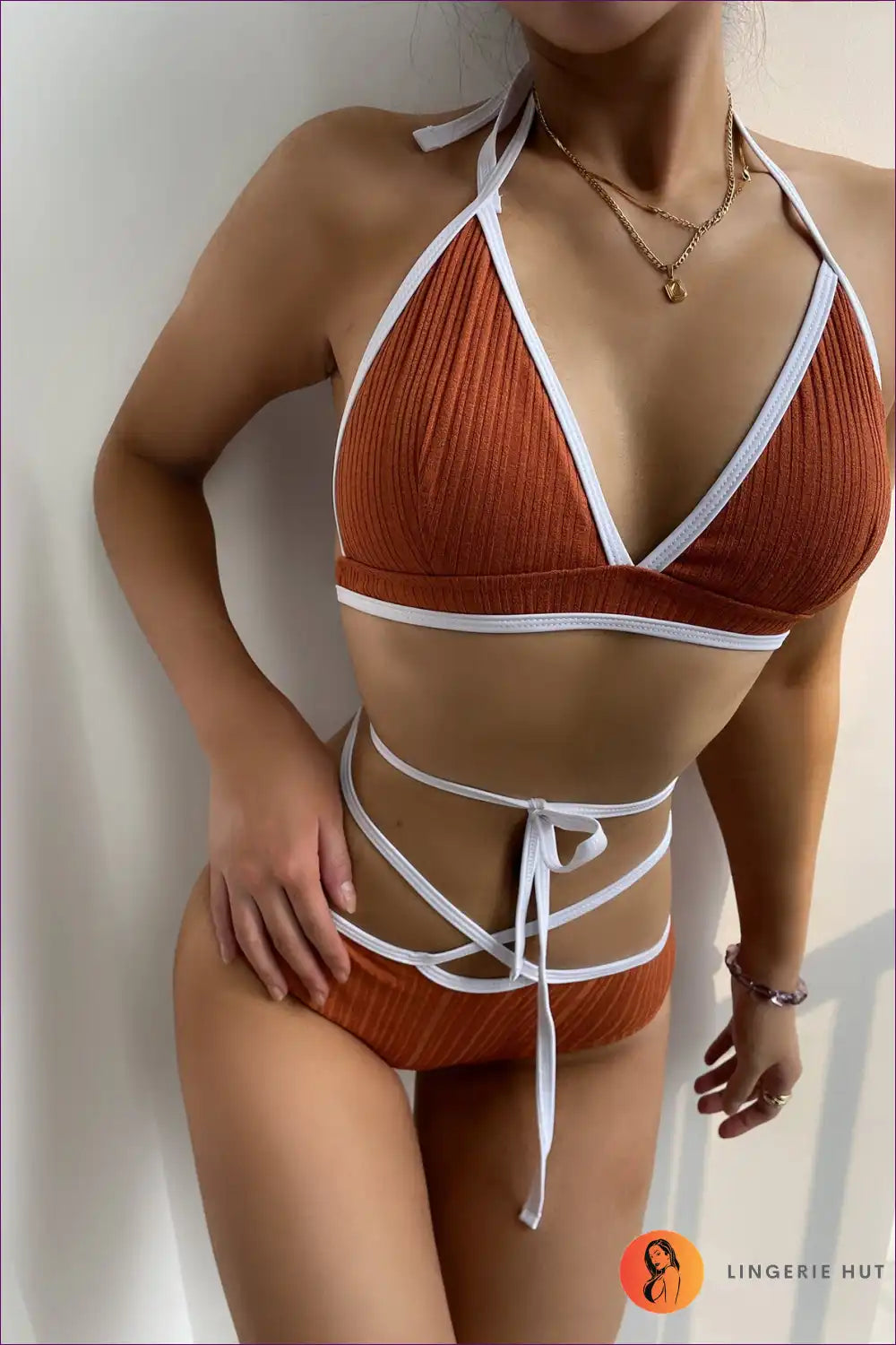 Contrast Trim Bikini Set with High Waist and Wrap Straps for Beachwear, Bikini, Boho, Cutout, Halter