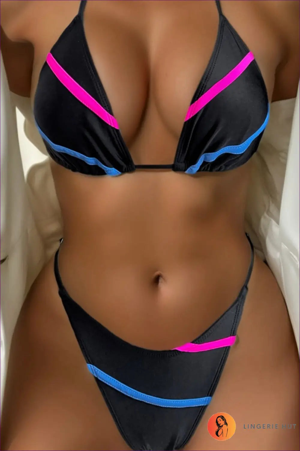 Contrast Trim Bikini Set - Vacation Swim Edit - s / Black - Beachwear • Boho • Cutout • Halter - Lingerie Hut