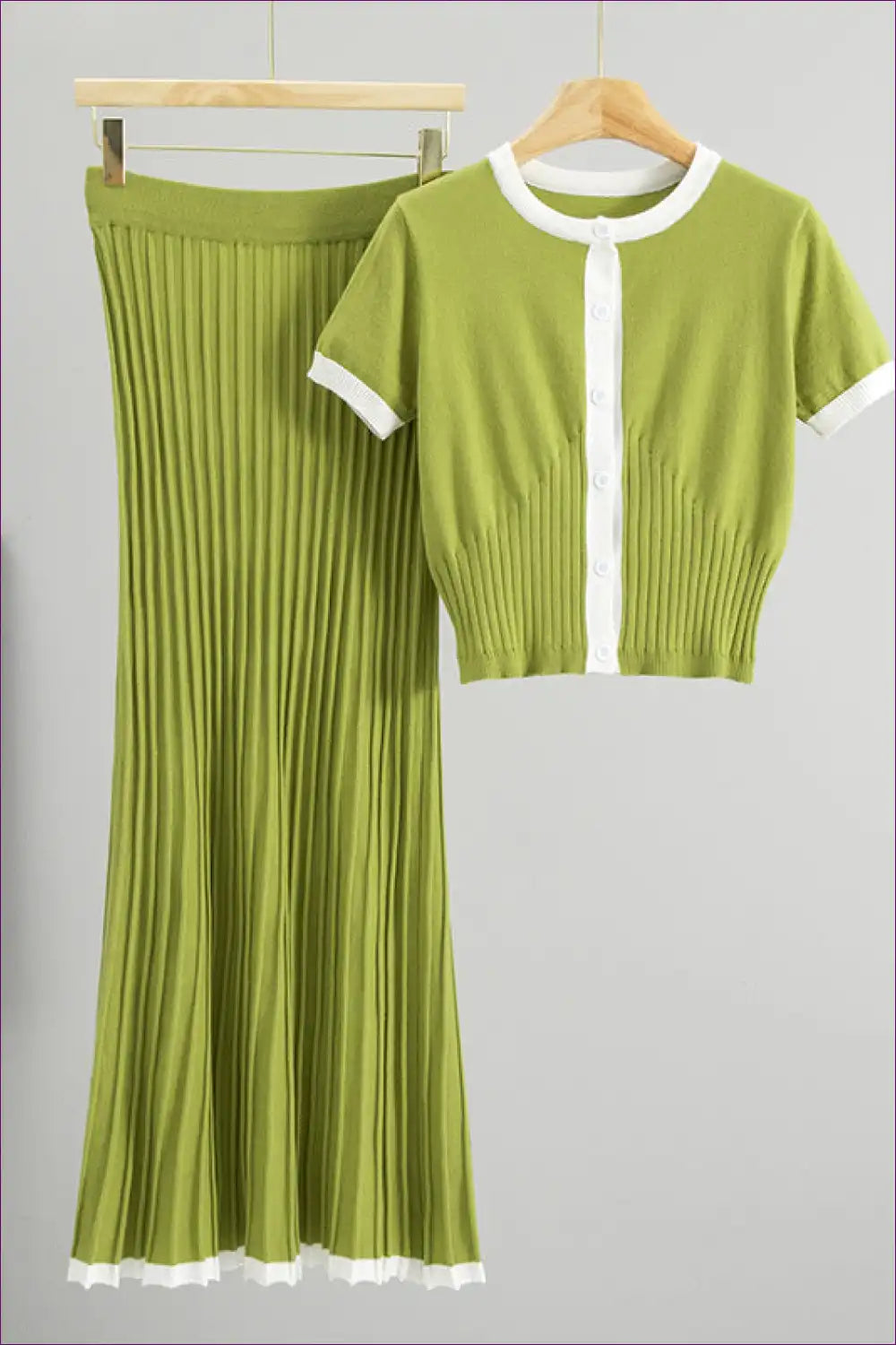 Contrast Trim Knit Top and Pleated Skirt Set for All Season, Autumn, Blouse, Casual, co Ord