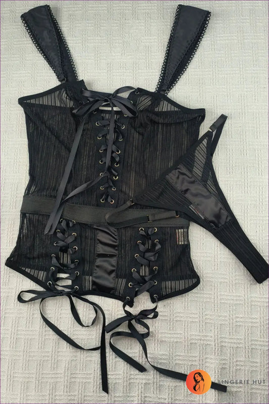 Black Striped Mesh Bodysuit with Lace-up Ties - Bold Confidence - s / Teddies & Bodysuits - Boudoir • Corset • Date