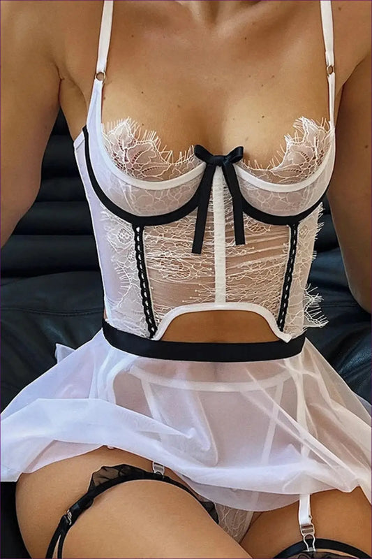 Corset Bra Set with Sheer Skirt and Bow Detail - Playful Romance - Lingerie Hut - All Season • Boudoir • Bridal