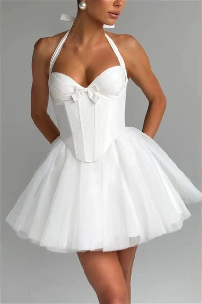 Corset Halter Tulle Mini Dress with Boning - Playful Bridal Chic for Bridal, Corset, Evening Wear, Halter,