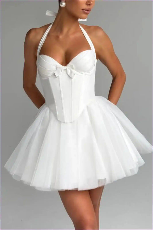 Corset Halter Tulle Mini Dress with Boning - Playful Bridal Chic for Bridal, Corset, Evening Wear, Halter,