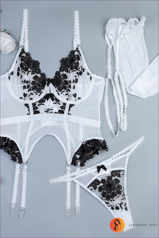 Floral Lace Corset Set - Old Hollywood Glamour - s / Black Leg Socks - Lingerie Hut - All Season • Boudoir • Bridal