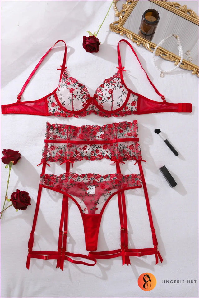 Embroidered Floral Bra Set with Garter