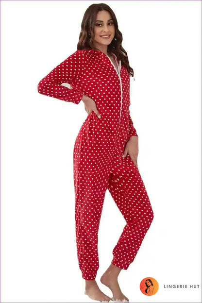 Zip Up Your Festive Spirit With Our Cosy Santa Onesie. Polka Dots, Zipper, And Hoodie For Ultimate Comfort