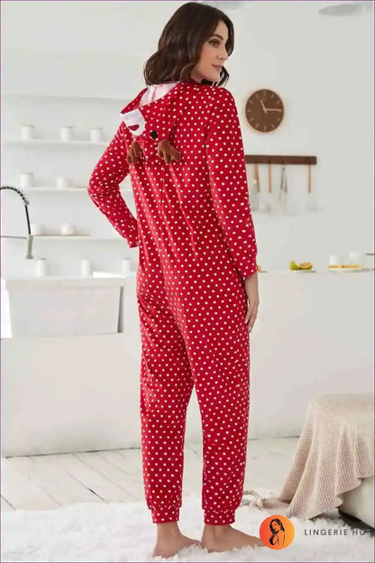 Zip Up Your Festive Spirit With Our Cosy Santa Onesie. Polka Dots, Zipper, And Hoodie For Ultimate Comfort