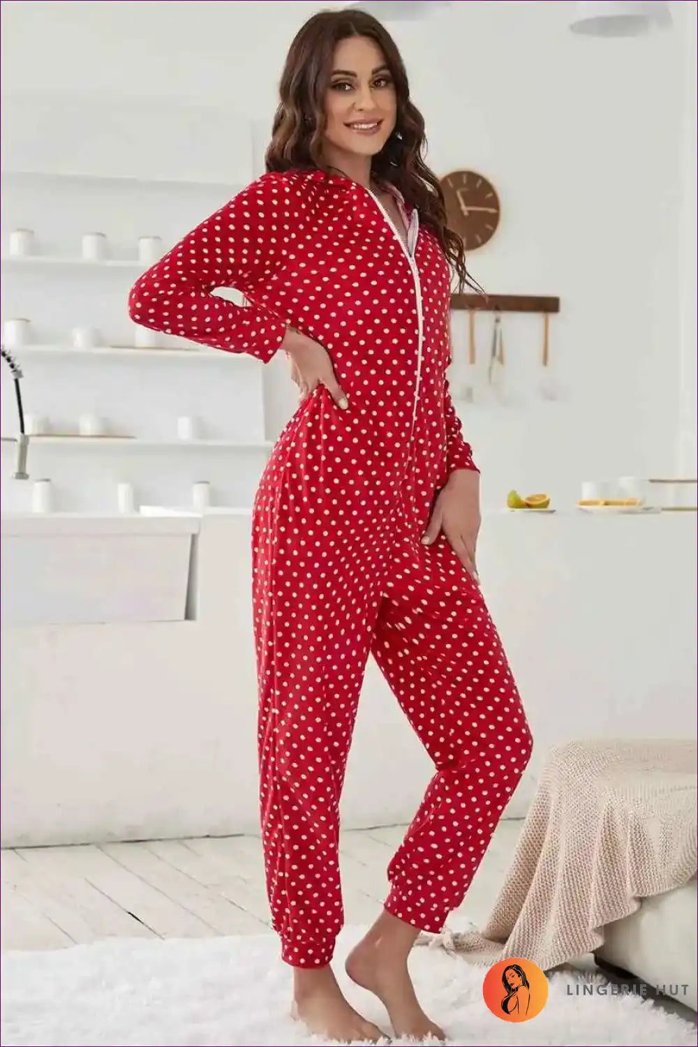 Zip Up Your Festive Spirit With Our Cosy Santa Onesie. Polka Dots, Zipper, And Hoodie For Ultimate Comfort