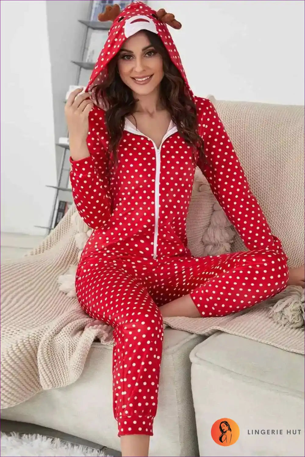 Zip Up Your Festive Spirit With Our Cosy Santa Onesie. Polka Dots, Zipper, And Hoodie For Ultimate Comfort