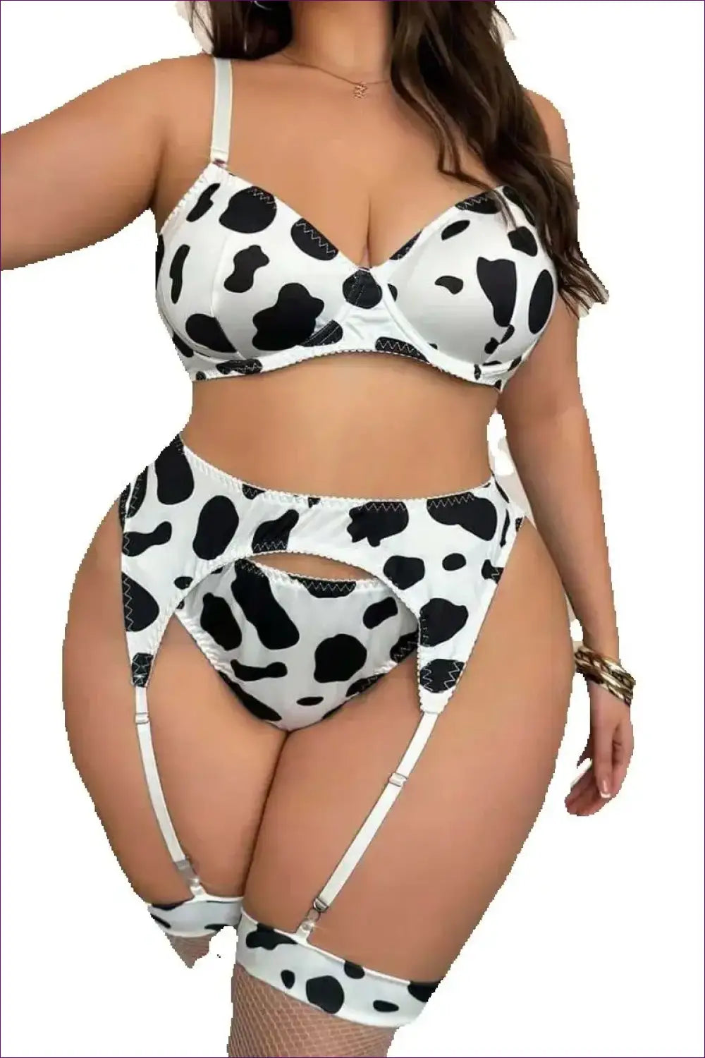 Cow Print Bralette Set with Garter Straps - Playful Confidence - Lingerie - just in • Hut