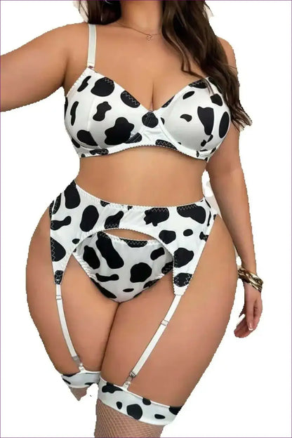 Cow Print Bralette Set with Garter Straps - Playful Confidence - Lingerie - just in • Hut