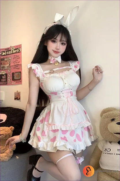 Cow Print Bunny Girl Costume with Ruffles - Playful Cosplay for Animal, Boudoir, Bunny, Choker, Clubwear