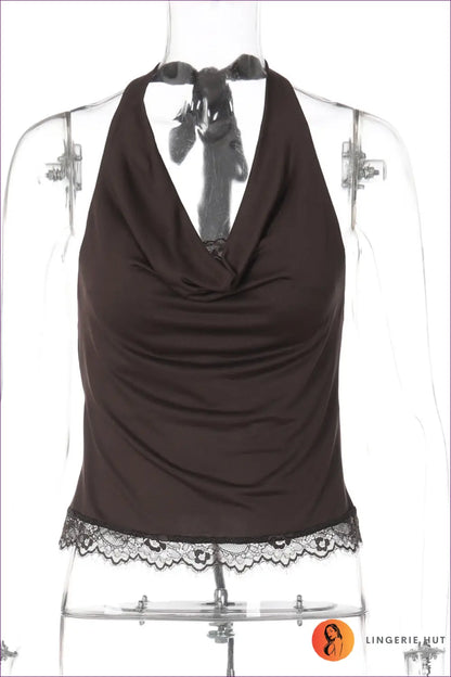 Cowl Neck Halter Crop Top with Lace Trim - Summer Evenings Sorted - s / Coffee - Casual • Clothing • Date Night
