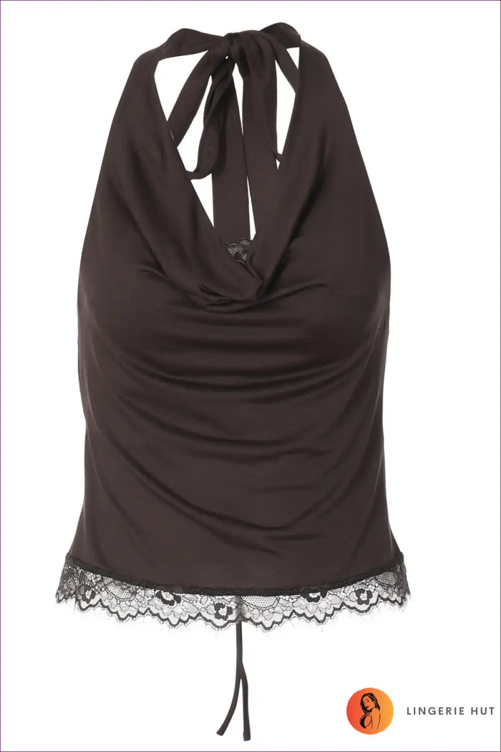 Cowl Neck Halter Top with Lace Hem - Summer Night out for Casual, Crop, Everyday, Halter,