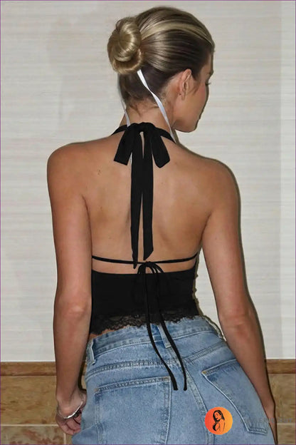 Cowl Neck Halter Top with Lace Hem - Summer Night out for Casual, Crop, Everyday, Halter,