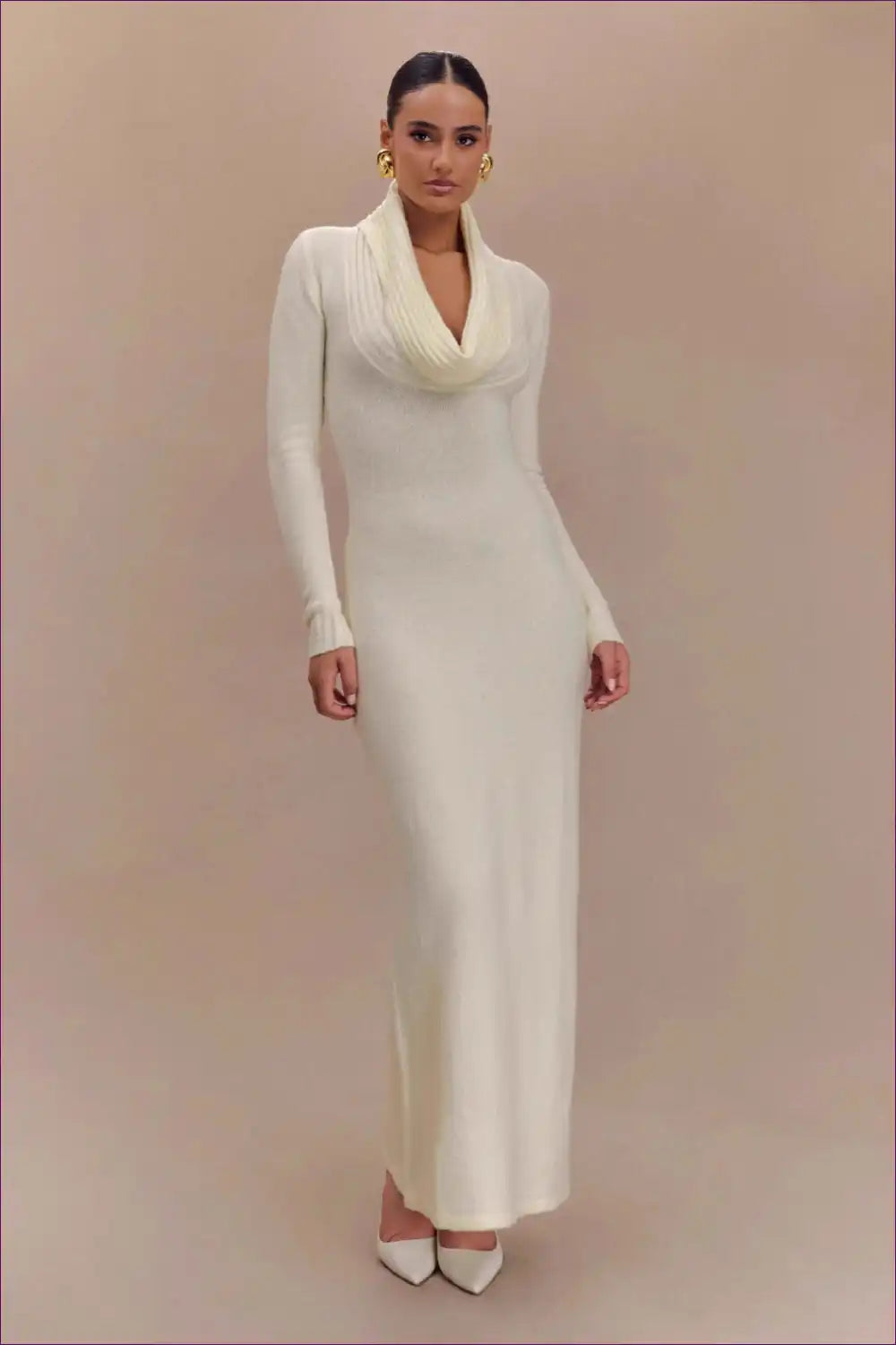 Cowl Neck Maxi Dress with Waist Detailing for Elegant Days Autumn, Casual, Dresses, Everyday, Formal Wear