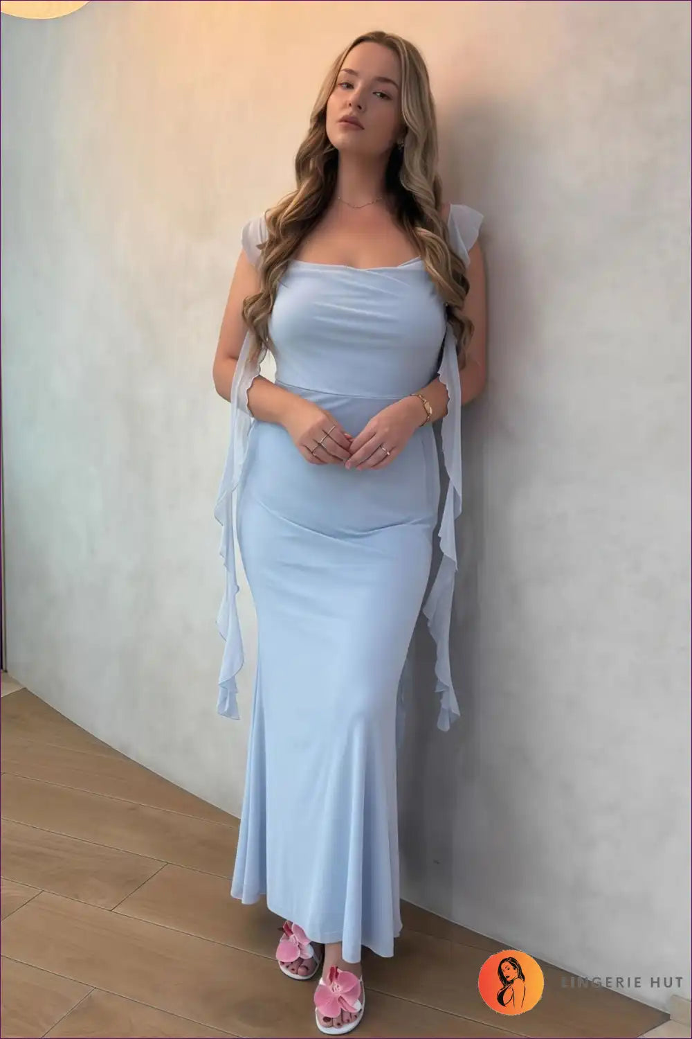 Cowl Neck Ruffle Maxi Dress with Ribbon Detail for Parties Backless, Evening Wear, just In, Maxi, Party