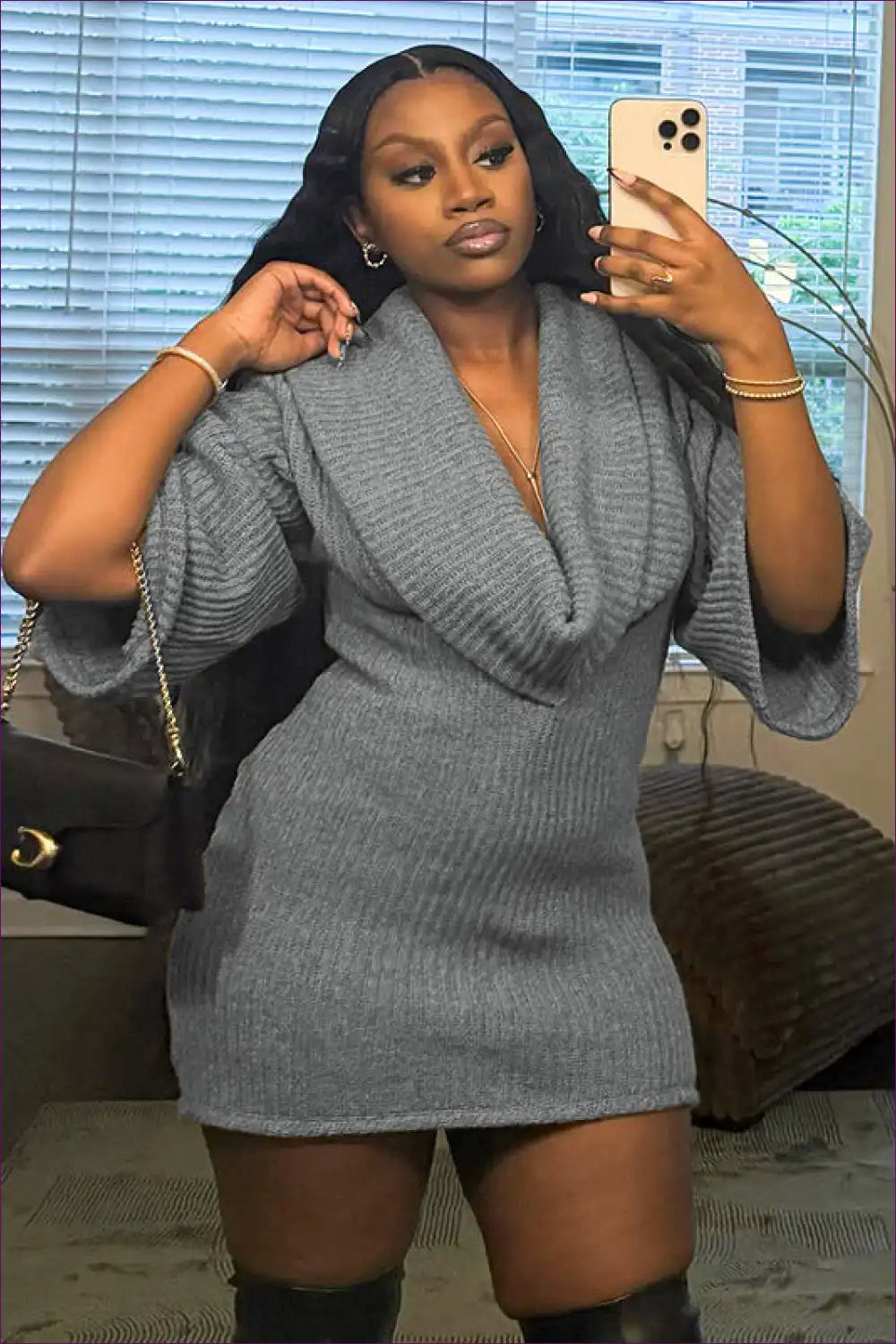 Cowl Neck Sweater Dress with Relaxed Fit - Effortless Winter Chic for Autumn, Casual, Everyday, just In,