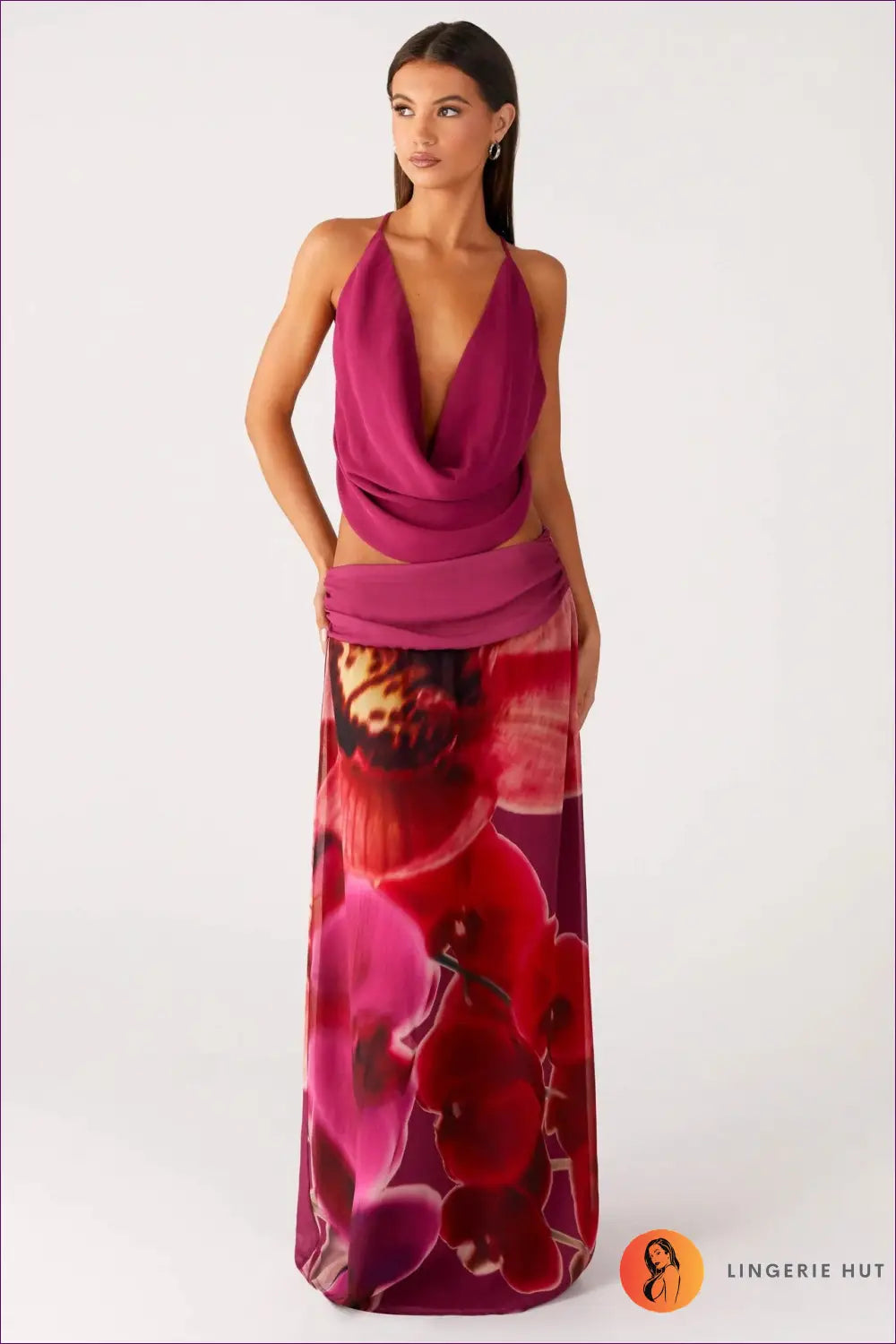 Cowl Plunge Maxi Dress - Summer Evenings Sorted - s / Multi - Dresses - Lingerie Hut - Chiffon • Cutout • Evening Wear
