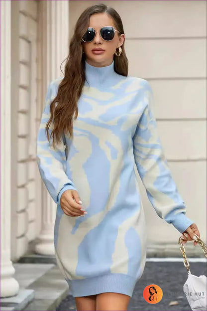 Cozy Blue Turtleneck Sweater Dress - Winter Warmth Meets Style for Autumn, Casual, Dress, Everyday, Glamour