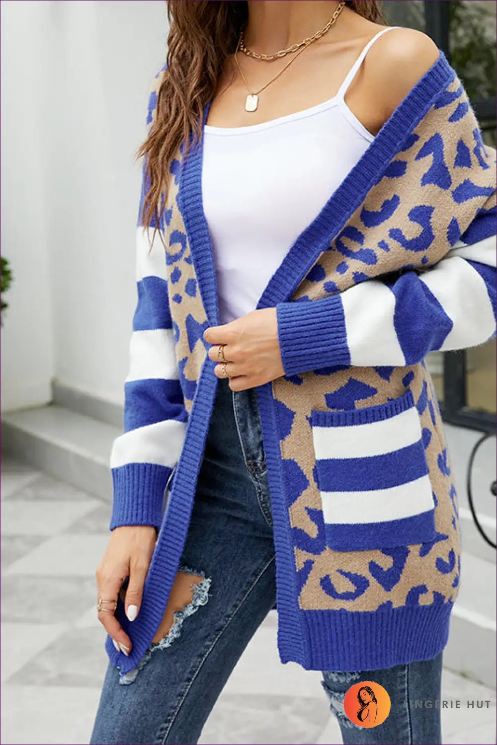 Cozy Chic Leopard Striped Cardigan - Bold Blue Statement Piece for Animal, Autumn, Casual, Cotton, Glamour