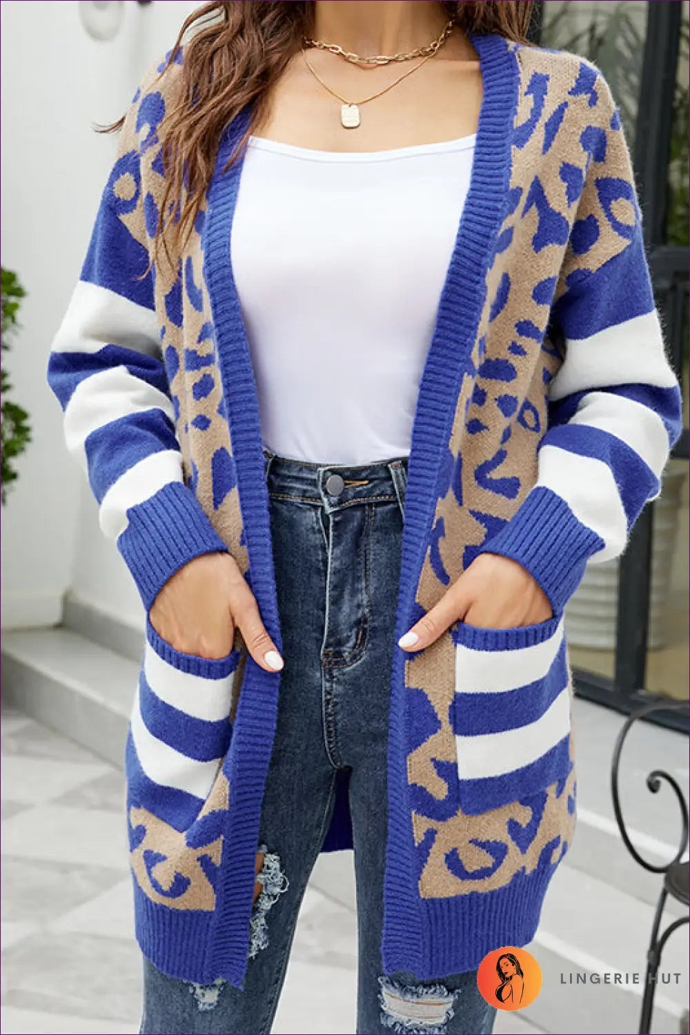 Cozy Chic Leopard Striped Cardigan - Bold Blue Statement Piece for Animal, Autumn, Casual, Cotton, Glamour