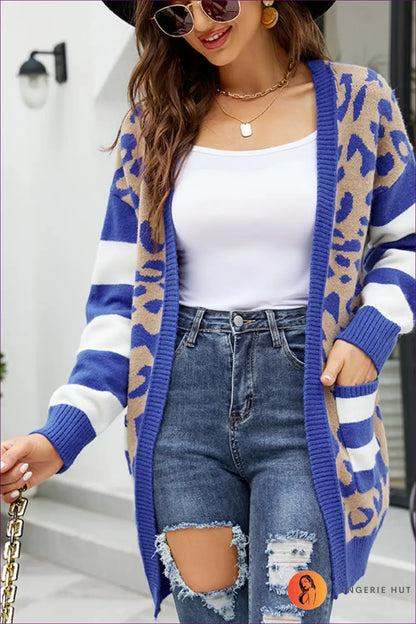 Cozy Chic Leopard Striped Cardigan - Bold Blue Statement Piece for Animal, Autumn, Casual, Cotton, Glamour