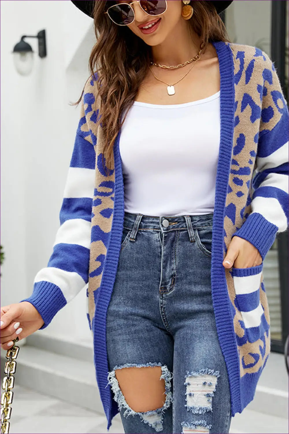 Cozy Chic Leopard Striped Cardigan - Bold Blue Statement Piece for Animal, Autumn, Casual, Cotton, Glamour