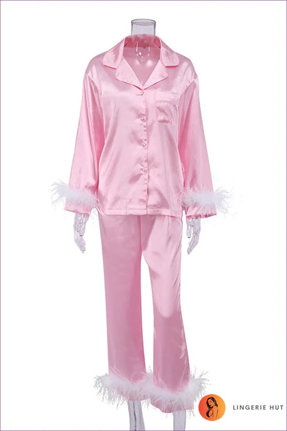 Indulge In Ultimate Comfort With Our Long Sleeve Pyjama Set. Featuring a Cute v Neck, Delicate Feather Trim,