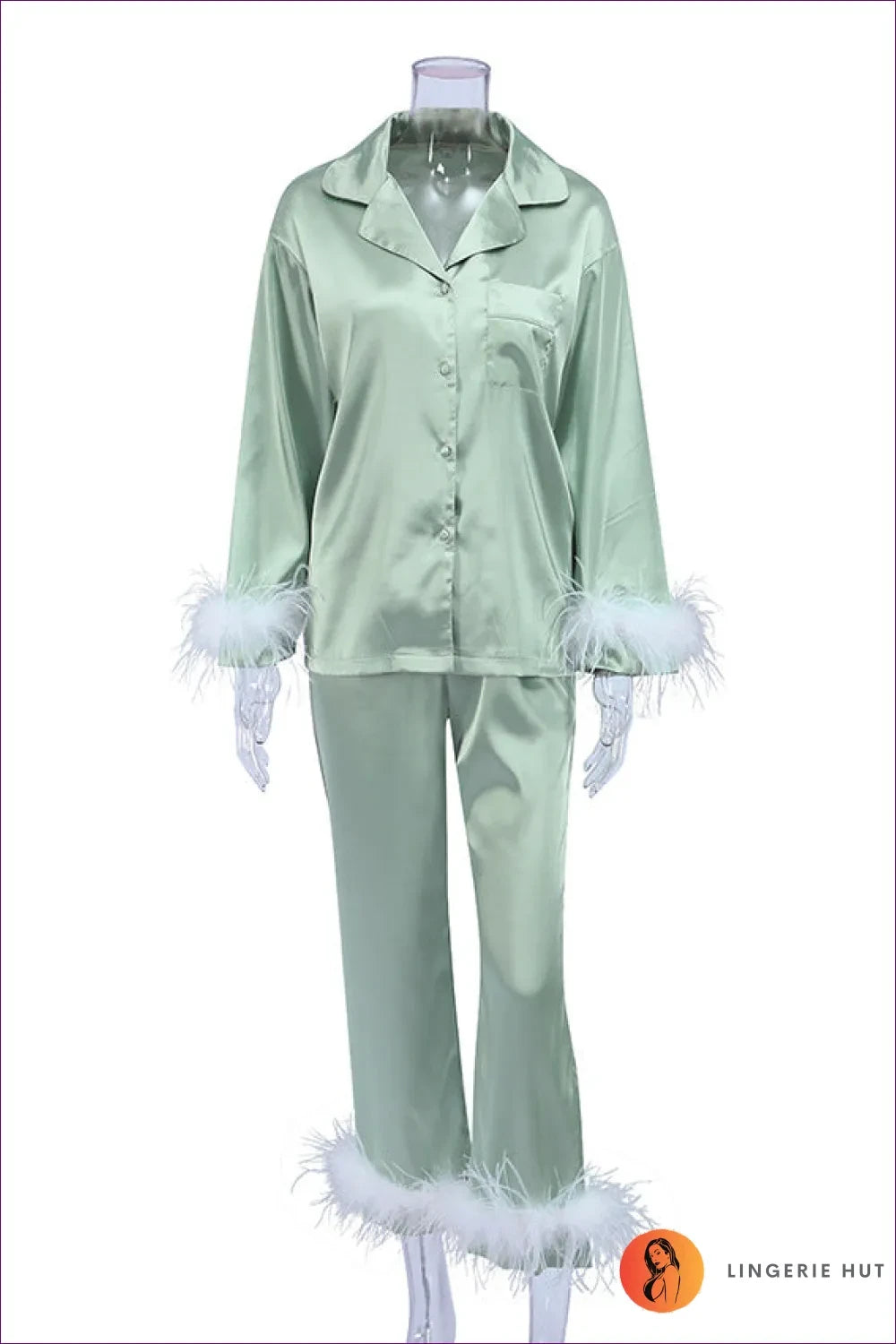 Indulge In Ultimate Comfort With Our Long Sleeve Pyjama Set. Featuring a Cute v Neck, Delicate Feather Trim,