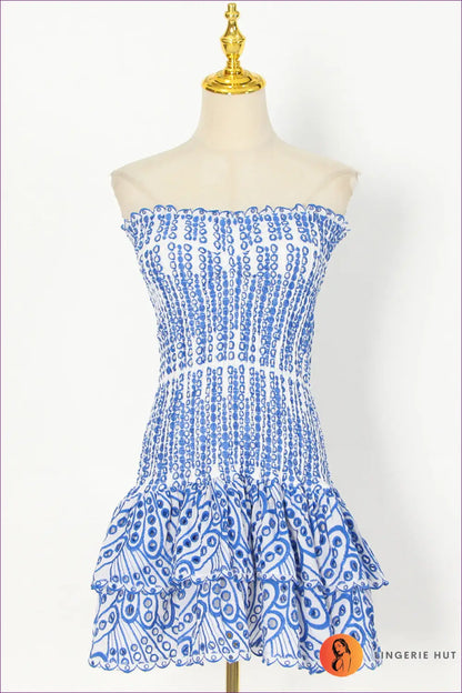 Cream Floral A-line Mini Dress - Tie Bow Detail - s / Blue - Boho • Elegant • Everyday • Bocas