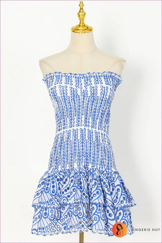 Cream Floral A-line Mini Dress - Tie Bow Detail - s / Blue - Boho • Elegant • Everyday • Bocas