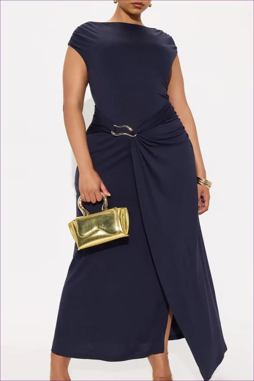 Crew Neck Maxi Dress with Ring Detail and Side Slit for Casual, Clubwear, Dress, Dresses, Evening Wear