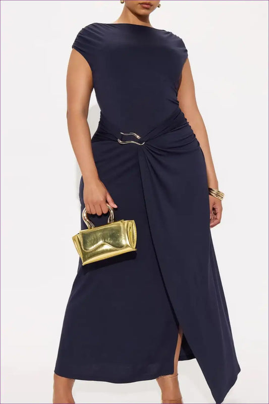 Crew Neck Maxi Dress with Ring Detail and Side Slit for Casual, Clubwear, Dress, Dresses, Evening Wear