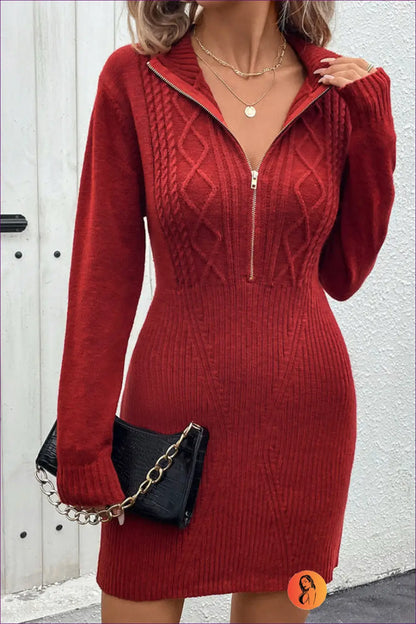 Crimson Cable Knit Zip-front Sweater Dress - Cozy Chic for Bodycon, Casual, Date Night, Dress, Everyday