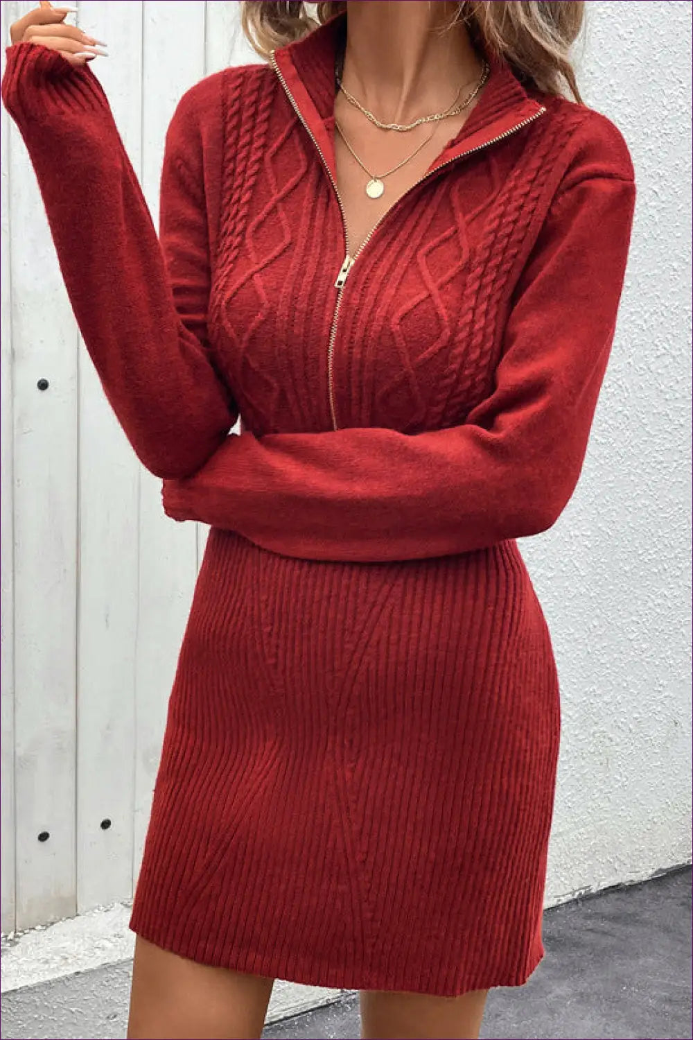 Crimson Cable Knit Zip-front Sweater Dress - Cozy Chic for Bodycon, Casual, Date Night, Dress, Everyday