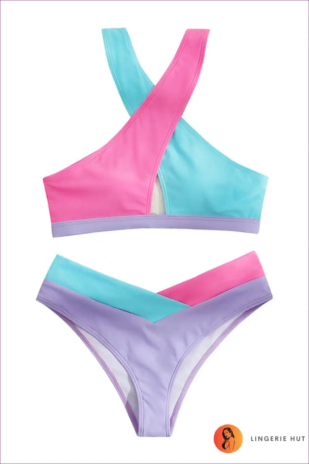 Criss Cross Bikini Set with Colour Block for Summer Holidays Beachwear, Bikini, Casual, Halter,