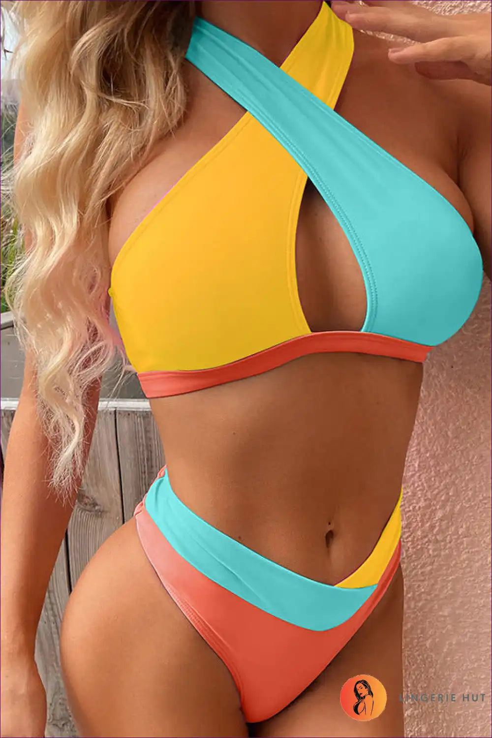 Criss Cross Bikini Set with Colour Block for Summer Holidays Beachwear, Bikini, Casual, Halter,