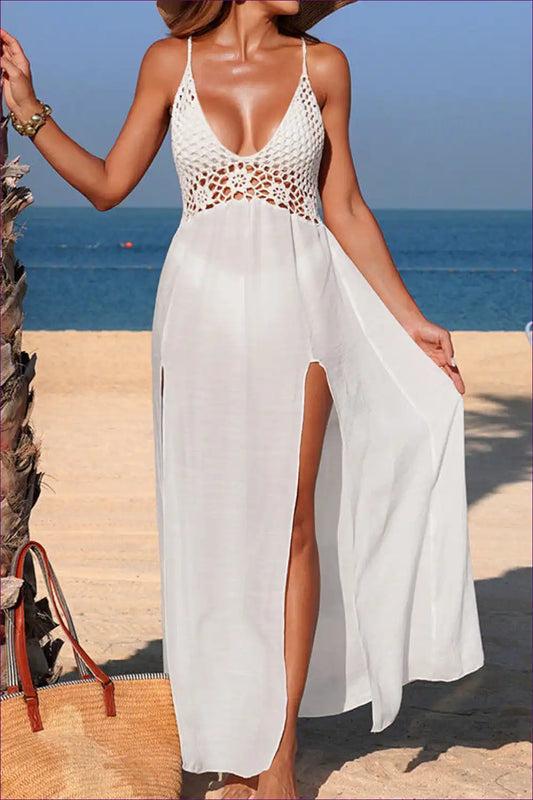 Crochet Beach Maxi Dress with Deep V-neck - Bohemian Luxury for A-line, Beachwear, Boho, Crochet, Evening Wear