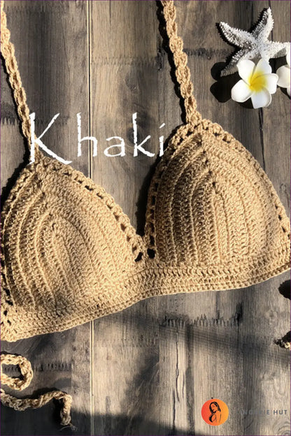 Crochet Bikini Set with Halter Top - Bohemian Escape - s / Khaki - Lingerie Hut - Beachwear • Boho • Casual • Cotton