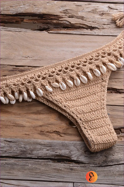 Crochet Bikini Set with Shell Trim - Boho Beach Mood - s / Khaki-2 - Lingerie Hut - Beachwear • Casual