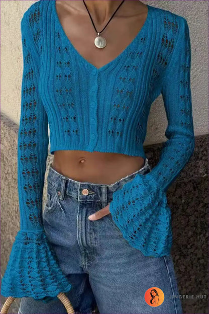 Crochet Cardigan Top with Bell Sleeves - Sunlit Weekend - s / Blue - Casual • Everyday • just in • Polyester - Lingerie