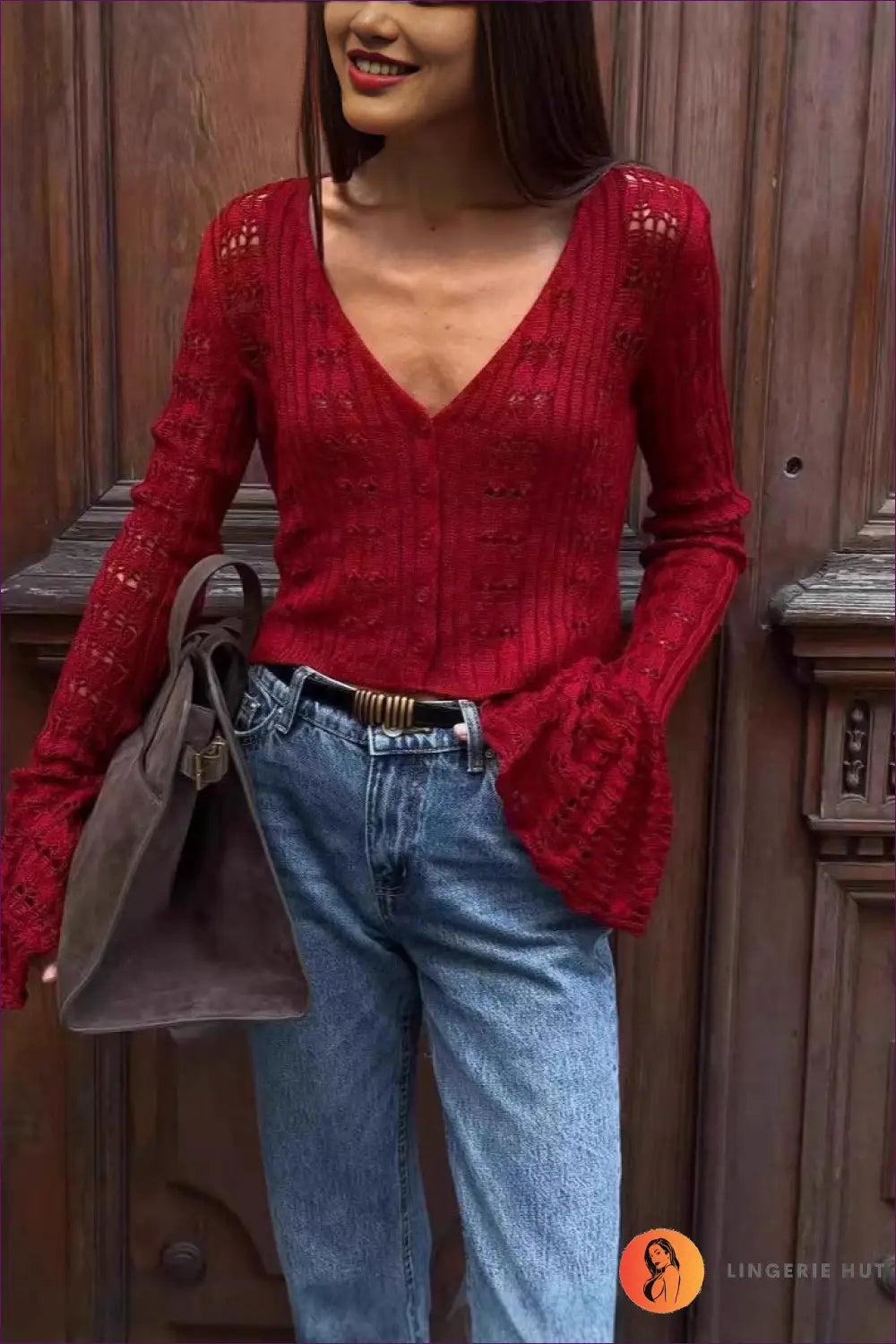 Crochet Cardigan Top with Bell Sleeves - Sunlit Weekend - s / Burgundy - Casual • Everyday • just in • Polyester