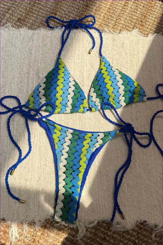 Crochet Chevron Bikini Set with Braided Ties for Beach Days Beachwear, Bikini, Boho, Casual,