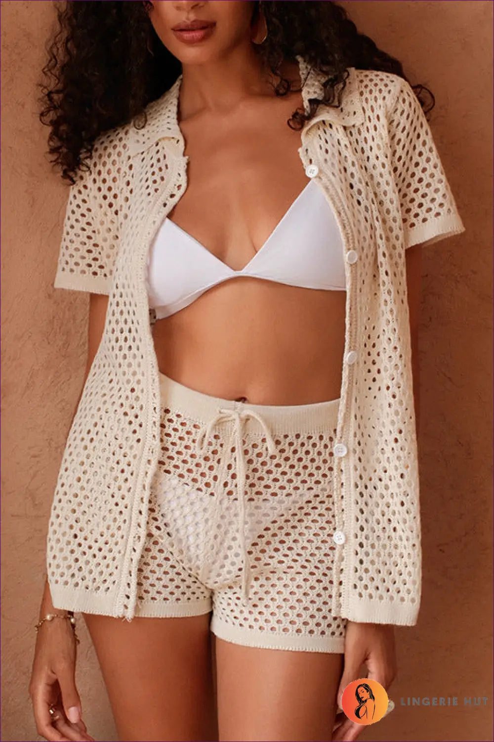Crochet Cover-up Set with Button-front Cardigan - Beach Ready - s / Apricot - Beachwear • Boho • co Ord • Cover Up