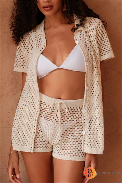 Crochet Cover-up Set with Button-front Cardigan - Beach Ready - s / Apricot - Beachwear • Boho • co Ord • Cover Up